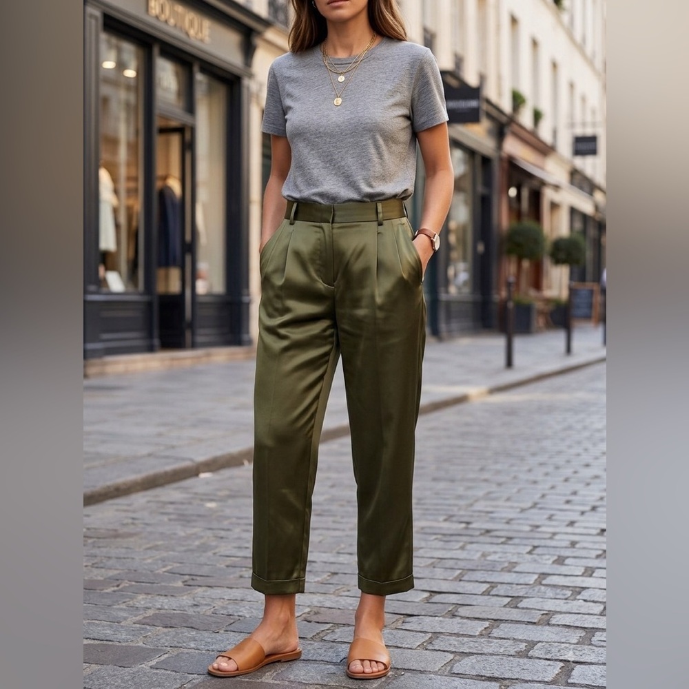 ASPESI Olive Green Satin Cropped Trousers Pleated Ankle Pants High Waist Sz 4-6